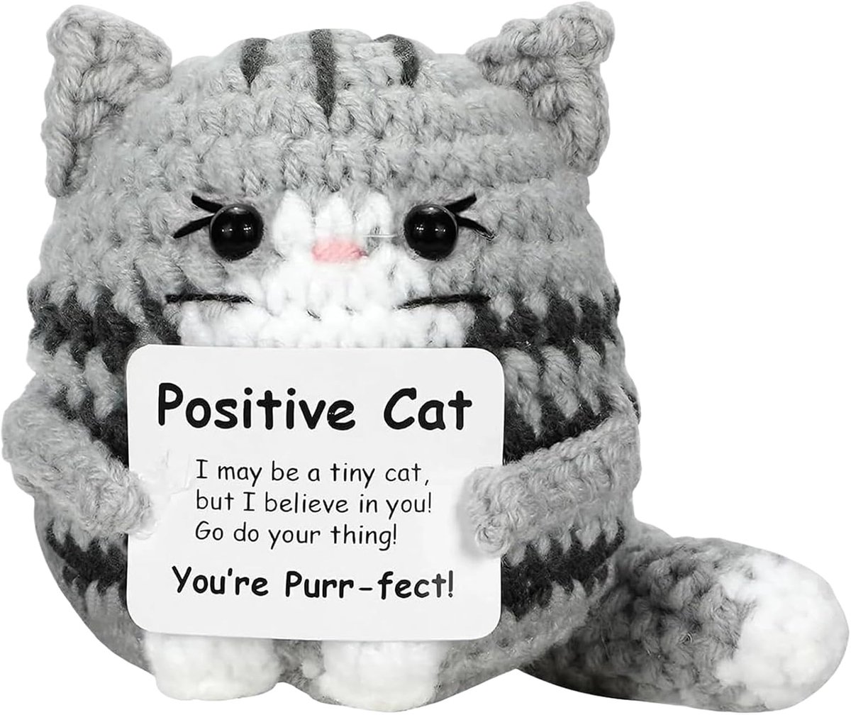 Positief kattencadeau, gehaakte knuffeldieren, katten positieve knuffel kat, geluksbrenger en zakomarming, emotionele ondersteuning, cadeau voor moeder