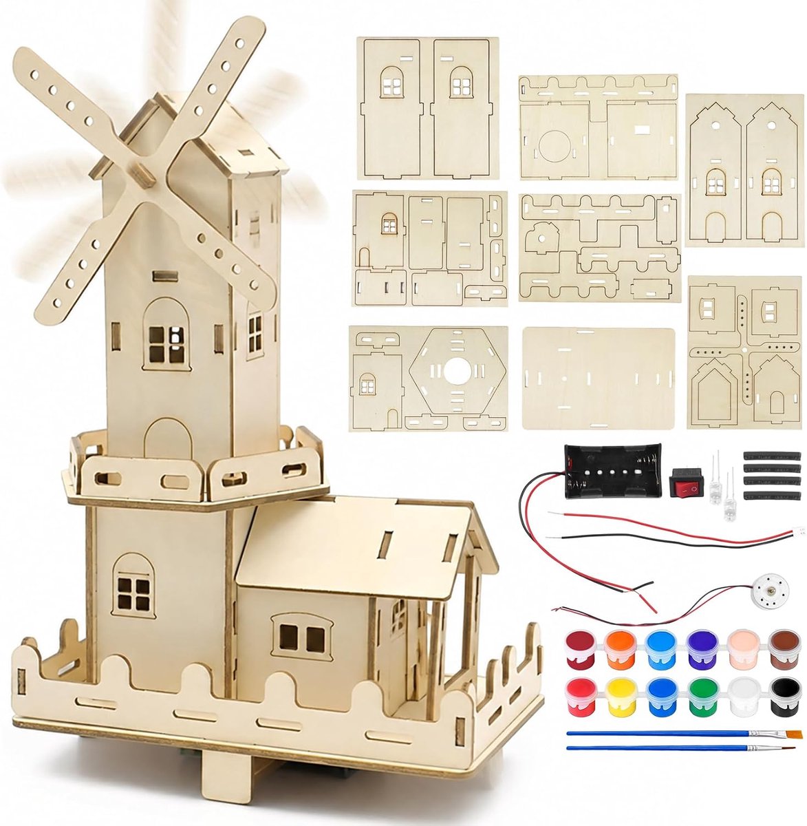 Experimenten voor volwassenen, elektronische bouwdoos, experimenteerdoos, elektrische bouwdoos, doe-het-zelf houten windmolenhuis, bouwpakket, STEM elektrische bouwdoos, wetenschappelijk educatief