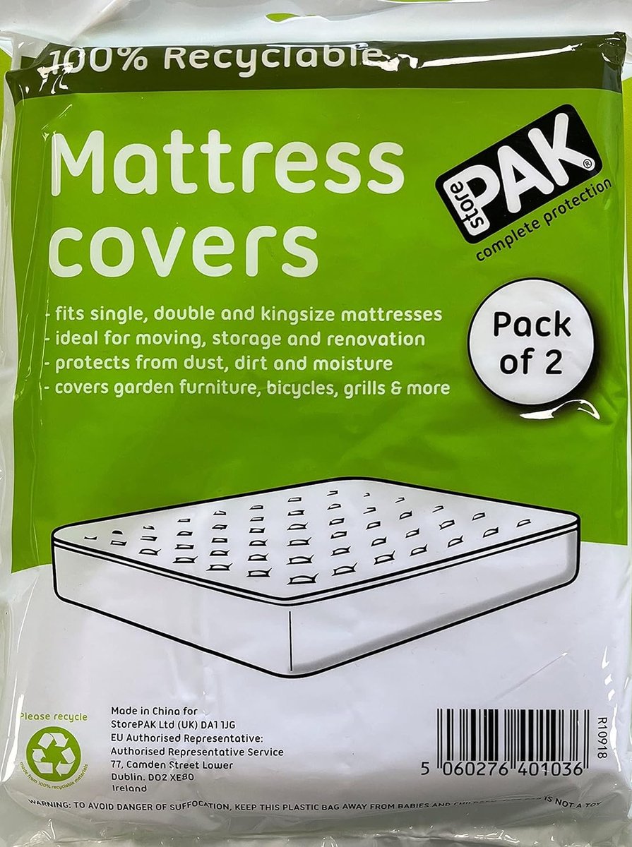 SnelShoppen - 2-pack matrashoes voor verhuizen en opslag | Gusseted polyethyleen hoes tot kingsize (280 x 150 cm) | Bescherming tegen stof, vuil en be
