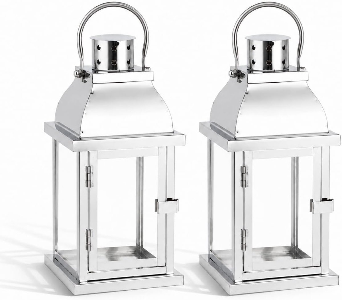 Set van 2 roestvrijstalen kaarslantaarns decoratieve buitenlantaarn kandelaar met gehard glas voor thuis woonkamer tuin tuin feesten evenement binnen buiten