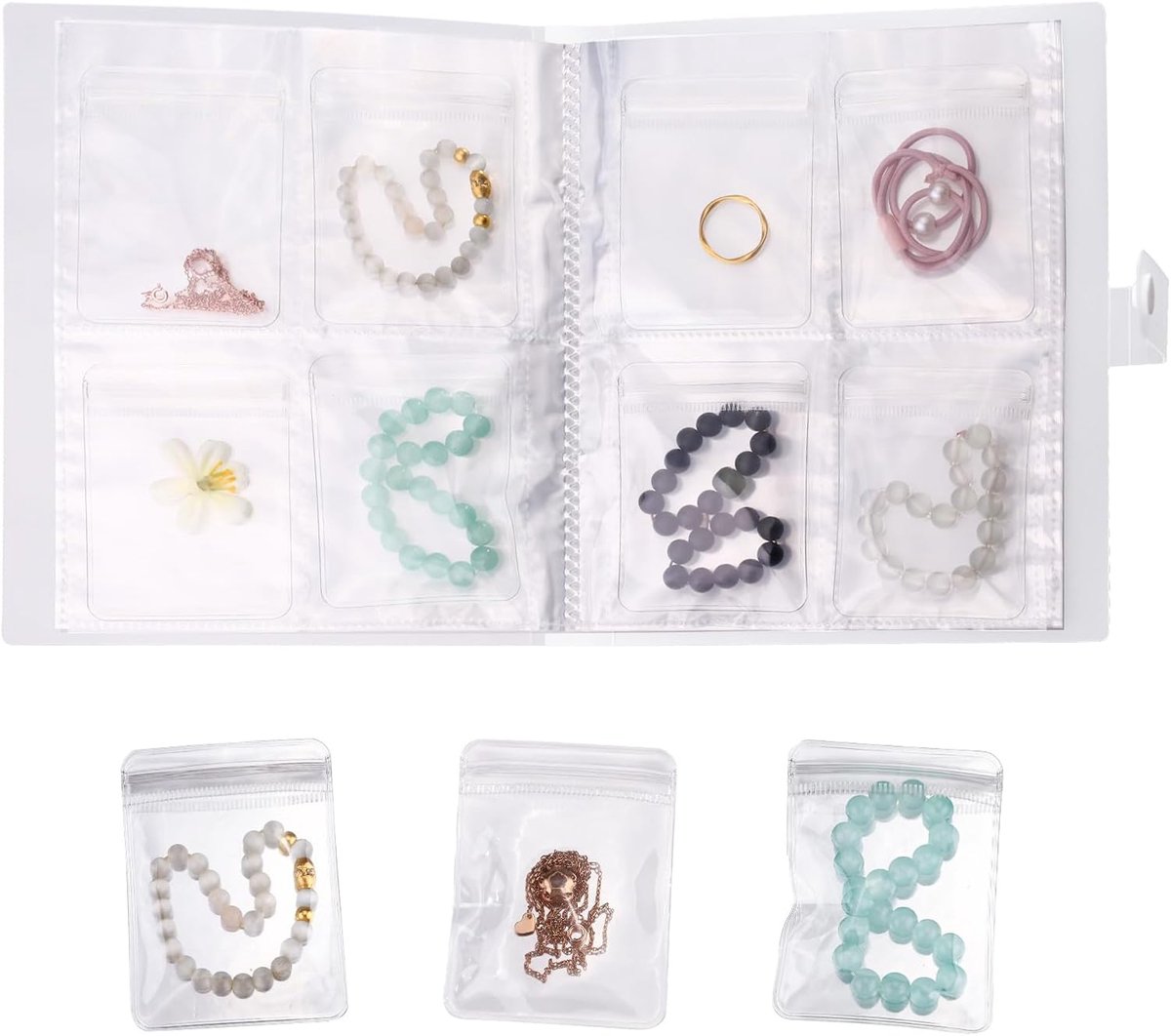 Transparant sieradenopbergboek, anti-aantasting 160 roosters oorbel organizer boek met 160 PVC ritszakken, draagbaar sieradenalbum voor reizen ketting vrouwen armband (160 stuks)