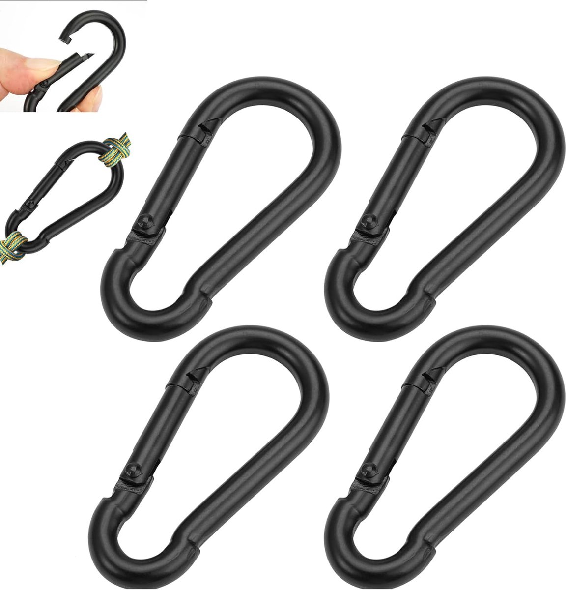 Carabiners 4 Stuks Zwart RVS - Multifunctioneel - Compacte locking haken - Ideaal voor kamperen - SnelShoppen
