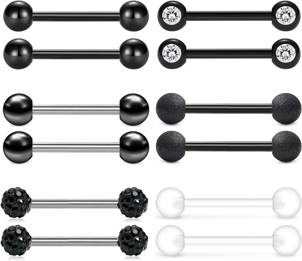 Tongpiercing, tepelpiercing, 1,6 mm, roesvrij staal, 14 mm, rechte staaf, bodypiercing, sieraden, 6 paar