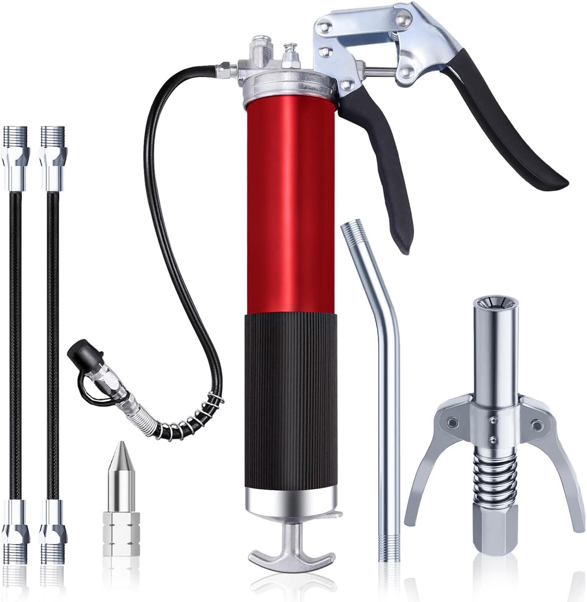 Eenhandsvetperset, vetpers voor smeernippel 8000 PSI met pistoolgreep en snelsluitkoppeling voor 400 g cartridge versterkte connector (rood)