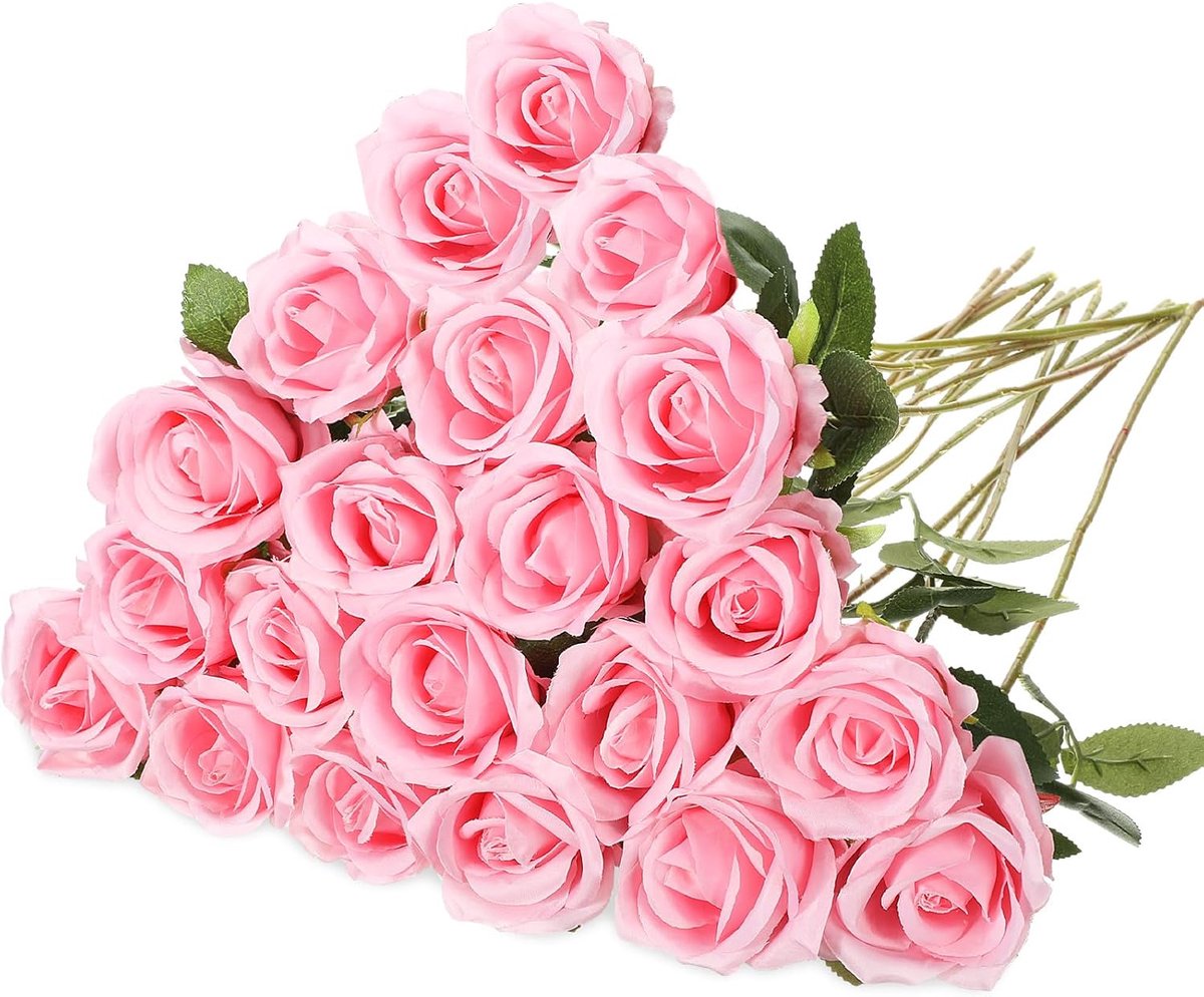 Kunstbloemen met lange steel realistische zijden rozen bulk real touch plastic boeket rozen voor thuis bruids bruiloft feest tafel centerpieces decoraties (roze)