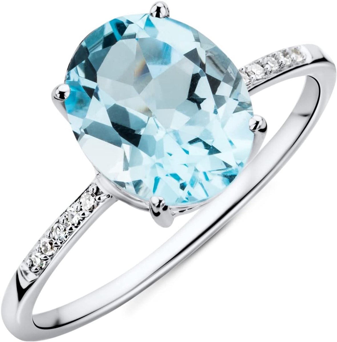 Damesring, 9 karaat, 375 goud, blauwe topaas met diamant, briljanten