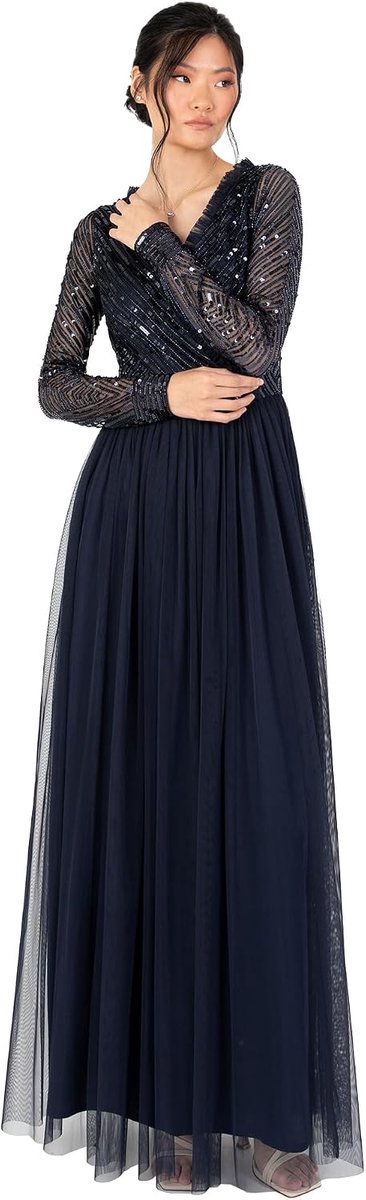 Deluxe Maxi-jurk voor dames, versierd met tule en V-hals, lange