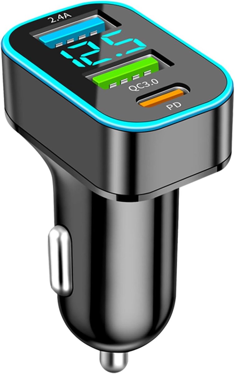 3-Poorts Autolader USB C Snellader met LED Voltmeter, 66W USB-Adapter Sigarettenaansteker, QC3.0 + PD + 2.4A Car Charger Supersnel Opladen, met iOS, Android, Samsung, Galaxy, Huawei, Xiaomi