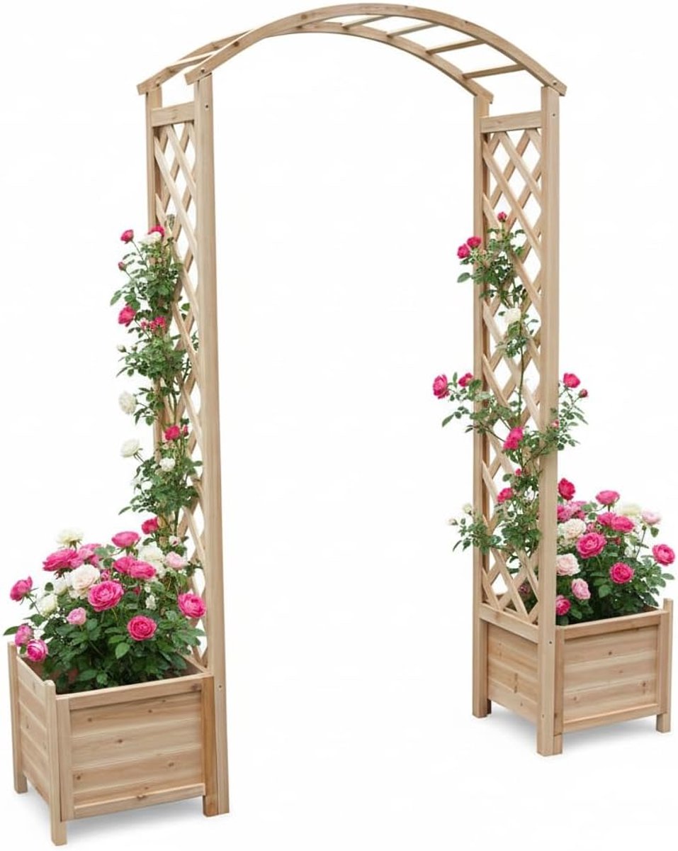 Houten rozenboog voor klimplanten, pergola, tuinboog met 2 bloempotten