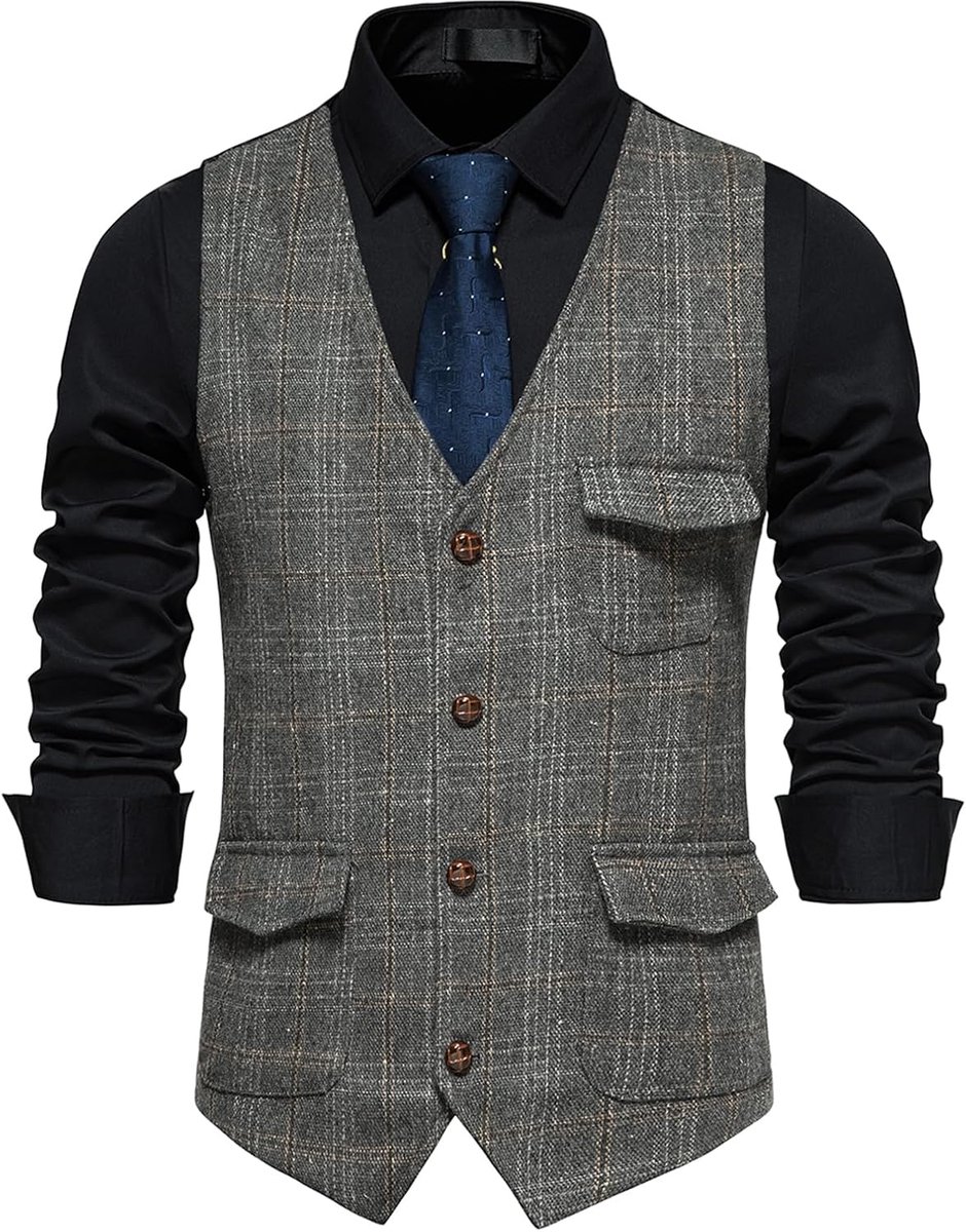 Geruit vest voor heren, formeel mouwloos V-hals, geruite tweedgilet