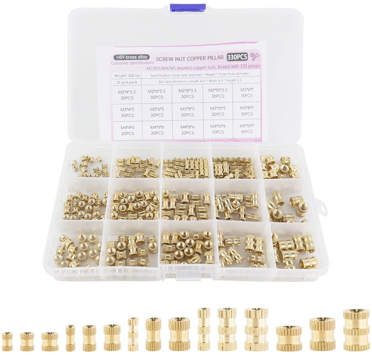 schroefdraadinzetstukken M2 M3, messing smeltschroefdraad, bereik van 3 tot 12 mm (D), smeltmoeren voor kunststof en 3D-printeraccessoires (330 stuks)