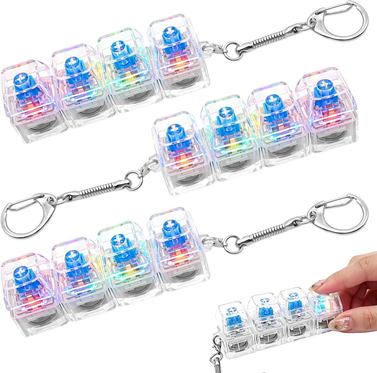 3 Stuks Toetsenbord Sleutelhangers met LED-Verlichting – Klikbare Fidget Clicker voor Volwassenen ter Verlichting van Stress, Mini-Toetsenbord als Sensorisch Speelgoed, Handig voor op Kantoor