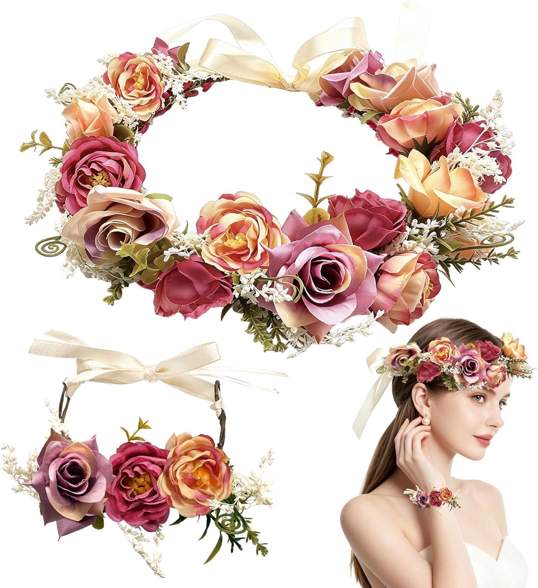 Bloemenkrans en armbandset, bloemenkrans met verstelbare band, kroon voor bruid en bruidsmeisje, geschikt voor volwassenen en kinderen, voor bruiloft, feest, festival, strand