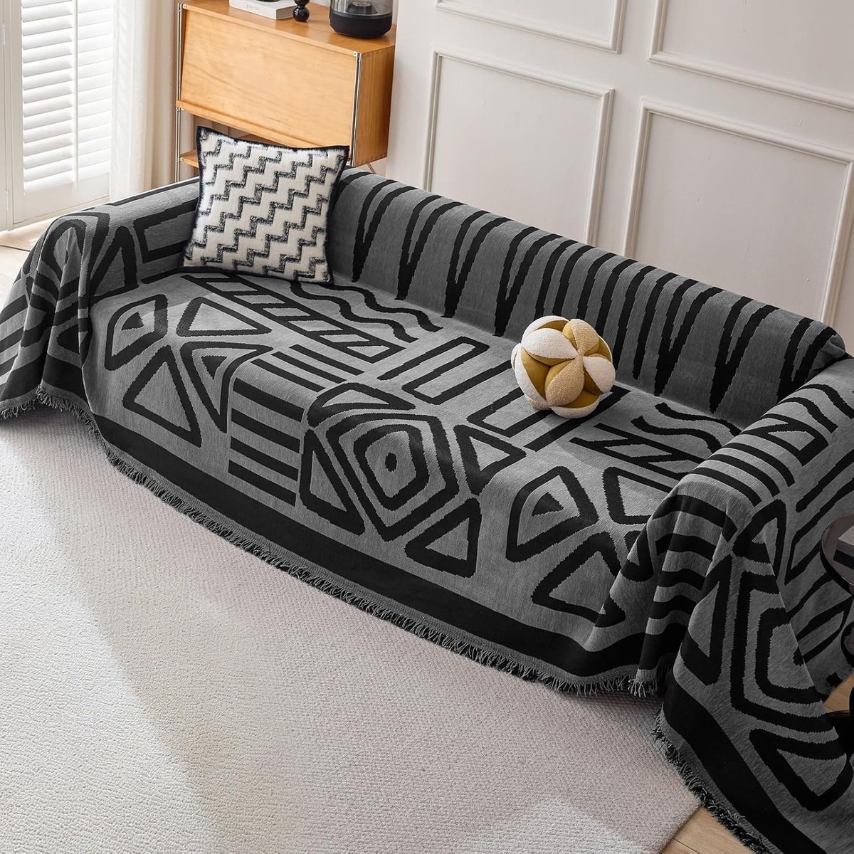 Boho Hoekbankhoes voor 3-zits L-vormige Sofa met Kwastjes, Wasbare Meubelhoes voor Huisdieren en Alle Seizoenen, 180 x 340 cm, Zwart en Grijs Design