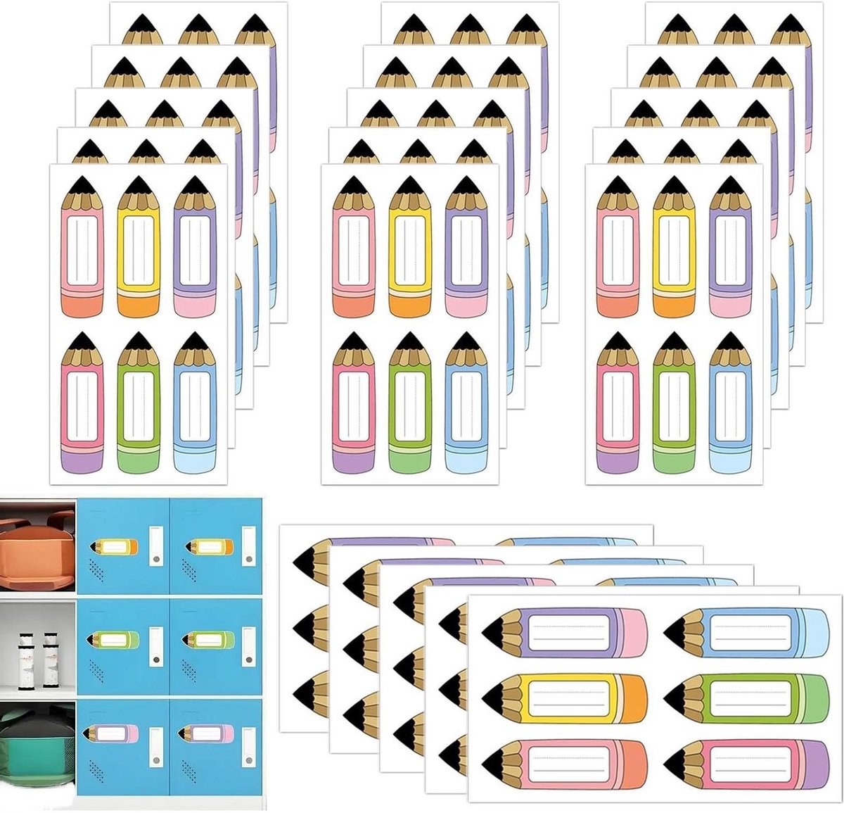 Naamstickers Potlood - Etiketten Kinderen - Spullen Markeren - Klassiek Potloodmotief - 120 stuks 9x3cm - Meerdere Kleuren