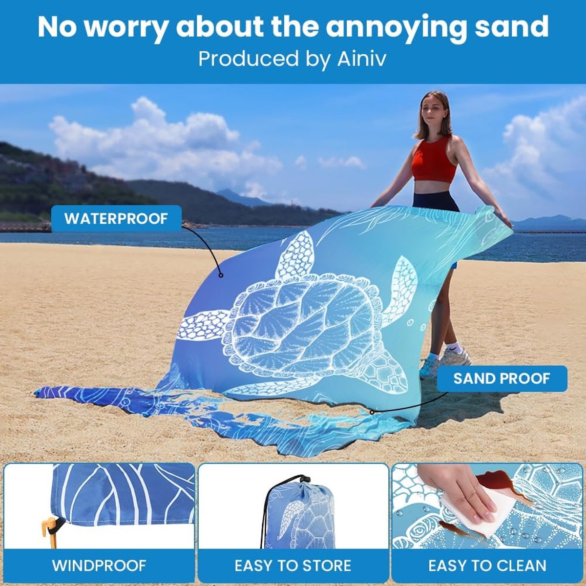 Stranddeken, grote picknickdeken 210 x 200 cm (4-6 personen), opvouwbaar, water- en zandbestendig, strandaccessoires met 6 vaste grondpennen voor strand, camping, wandelen, picknick
