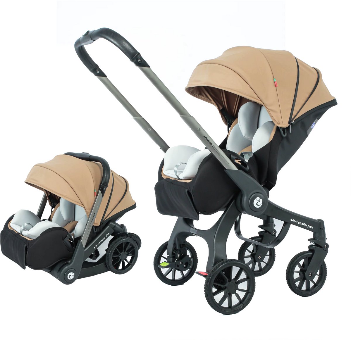4-in-1 Autostoel Kinderwagen – Reissysteem – Baby Autostoel met Onderstel – Verstelbare Duwbeugel – Beige