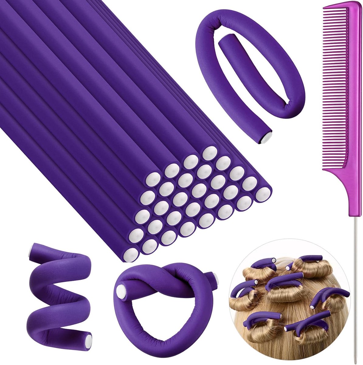 30 stuks 17 cm flexibele krulstaven twist schuim haarrollers zacht schuim geen warmte haarstaven rollen en 1 stalen pintail kam rattenstaart kam voor vrouwen lang kort haar (Paars, 18 x 0,7 cm)