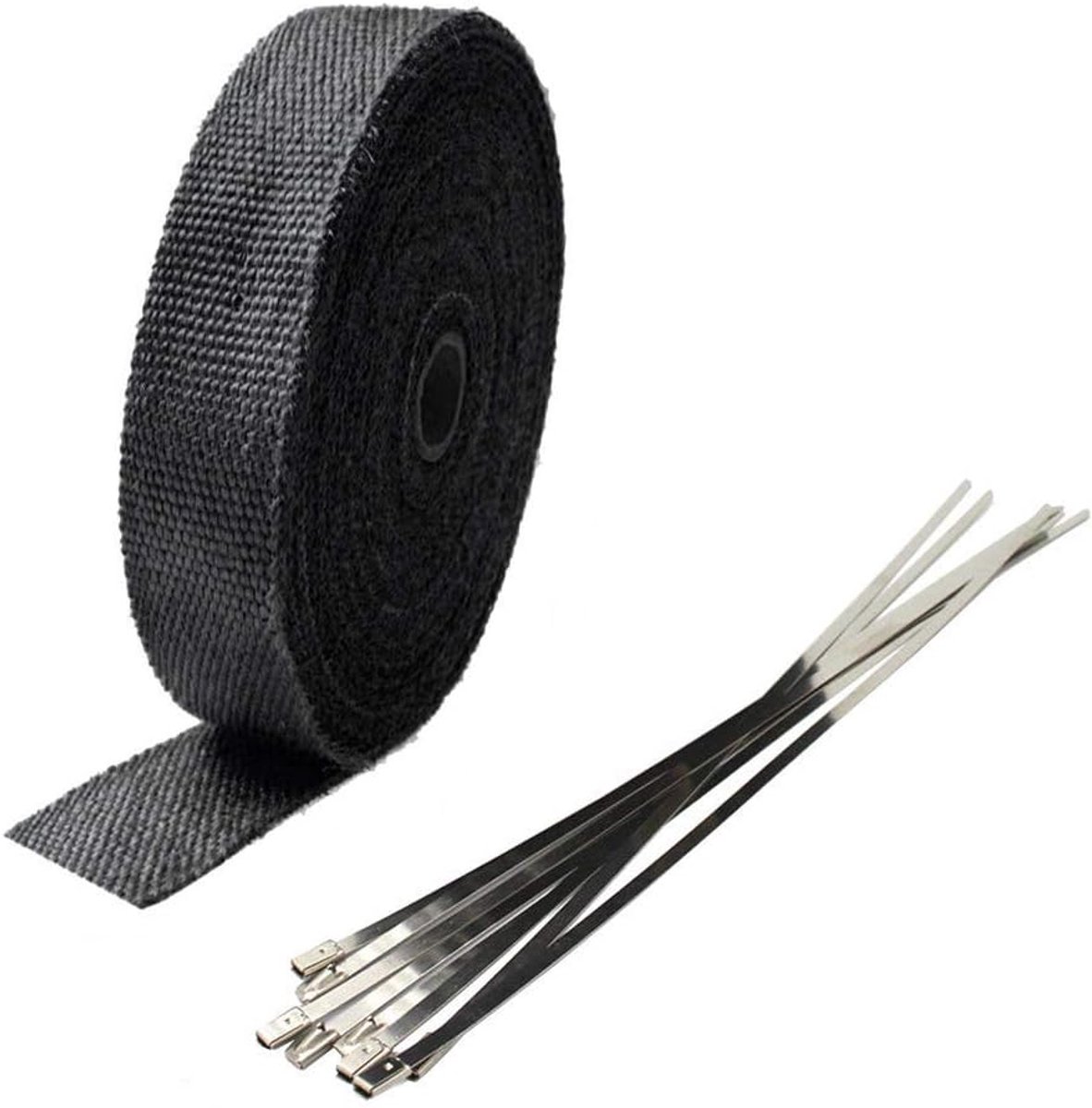 2,5 cm x 10 m glasvezel, zwart, hittebeschermingsband, uitlaatband, uitlaat hittewikkeling, schild, hoes, auto, motorfiets, spruitband met 6 stuks kabelbinders