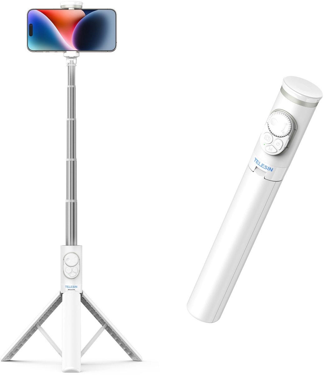 Telesin Selfiestick Statief voor telefoon - 130 cm uitschuifbaar - Auto-open functie - Inclusief Bluetooth remote en cold shoe mount - Wit
