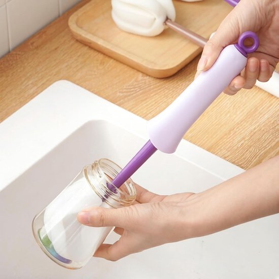 Flesborstel Set - Fles Reiniger - Flessen Schoonmaken - Hygiënisch Knijpontwerp - 31 cm Lengte - Paars — afbeelding 5