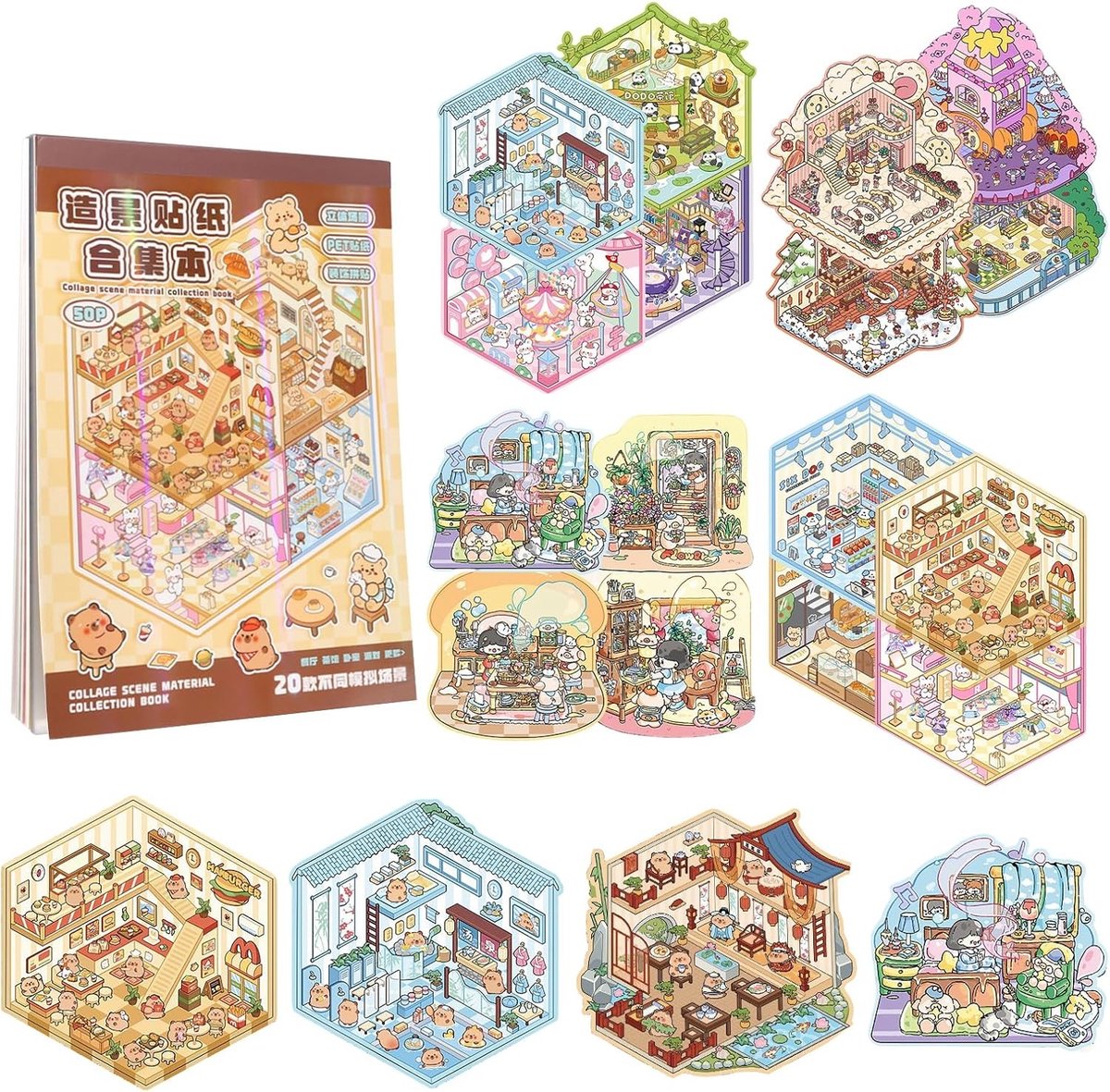 20 Sets 3D Stickers voor Miniatuur Cabines, Schattige Cartoon Landschap Stickers voor Volwassenen en Kinderen, Creatieve Decoratie en DIY Projecten