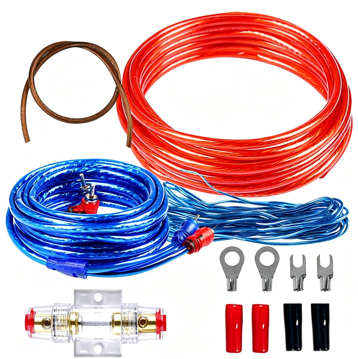Autokabelset - 1500W - Subwooferversterker voor in de auto - Krachtige kabelset voor auto-versterkers/subwoofers - 10GA voeding voor verbeterde aansluitingen - Rood en blauw tweekleurig
