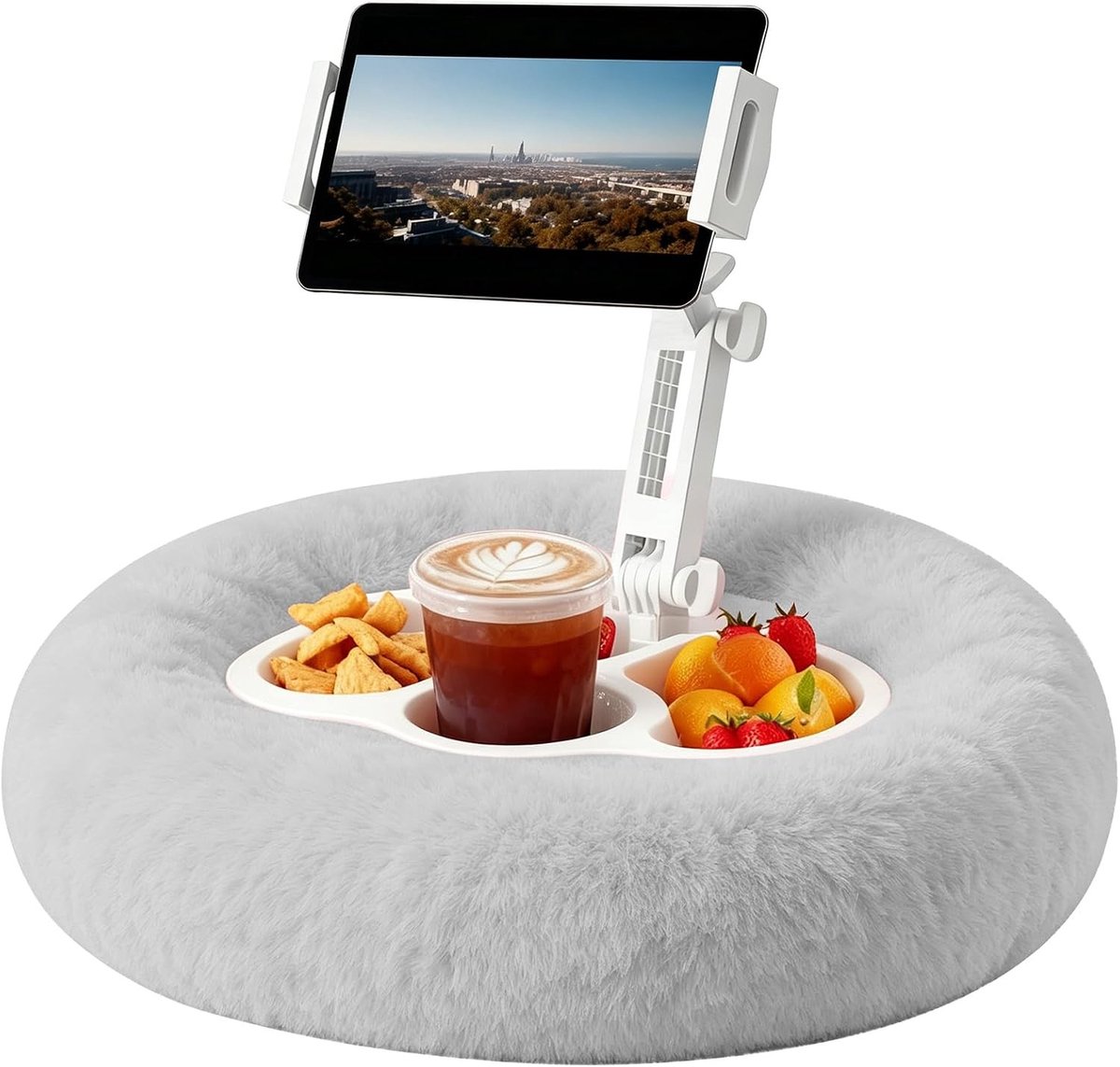 Verstelbare tablethouder met kussen en snackschalen voor comfortabele leeservaring, geschikt voor 4,7-13 inch telefoons en tablets (grijs)