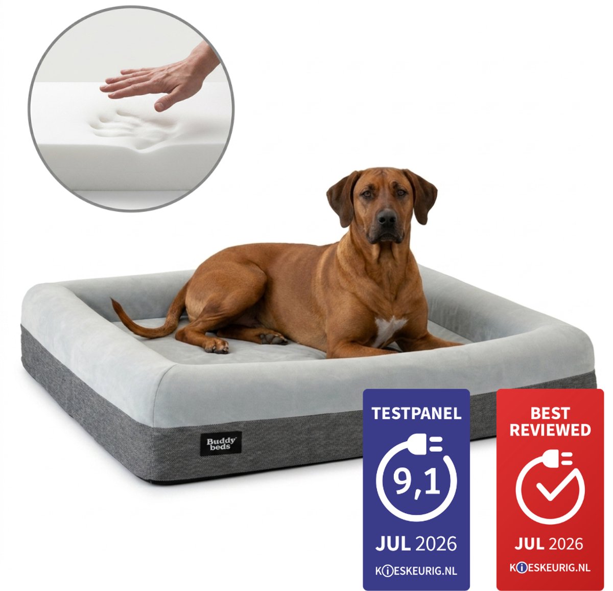 Buddy Beds Orthopedische Hondenmand Large - Orthopedisch Hondenkussen - Hondenbed – Hondensofa – Hondenbank – Grijs – Large (L115 x B90 x H20)