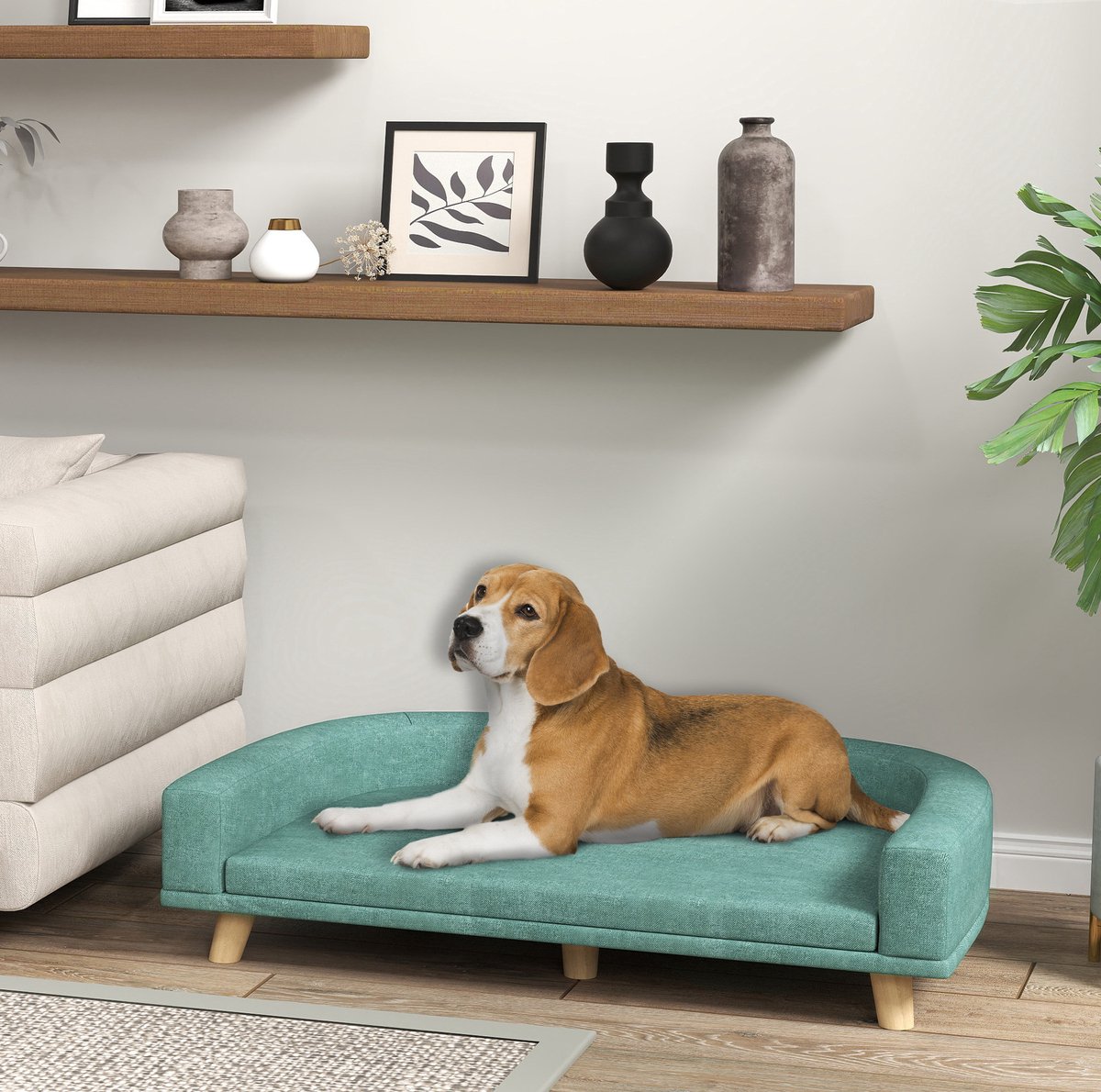 REDOM - Hondensofa - Afneembaar kussen - Verhoogd ontwerp met houten poten - Voor grote honden - Hout - Groen - 98 x 67 x 25 cm