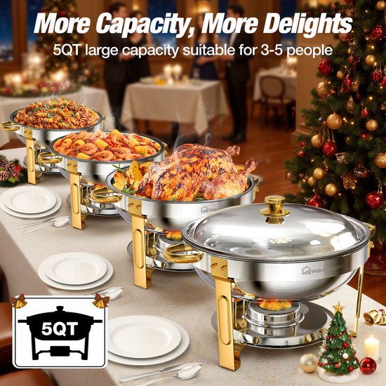 WARMOUNTS Chafing Dish Set 2 Stuks Goud – 4,73L RVS Buffet Warmhoudbak met RVS Deksel en Dekselhouder – Ronde Voedselverwarmer voor Catering, Feest, Bruiloft en Horeca — afbeelding 2
