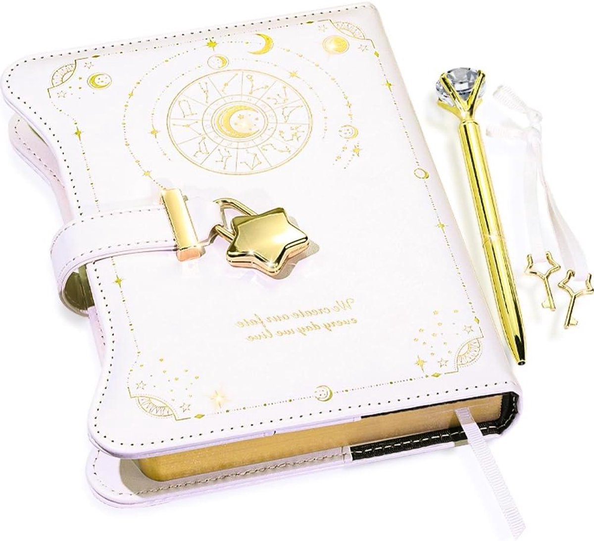Dagboek met slot - Schrijfdagboek Meisjes - Gedachten Vastleggen - Gouden Sterrenslot - B6 formaat - Witte nacht