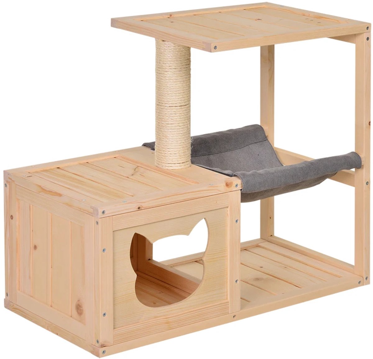 Kattenhuis - Voor buiten - Hok - Kooi - Bench - Ren - 2 verdiepingen - duurzaam - Naturel