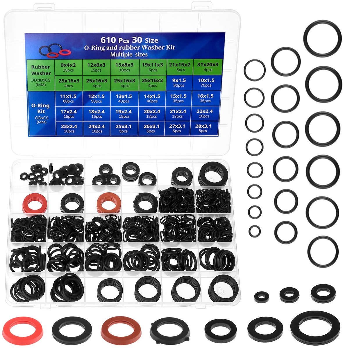 SnelShoppen - 610 Stuks Nitril Rubber Ringen Set, 7 Maten Water Slangafdichtingen en 20 Maten O-Ring Assortiment Kit voor Diverse Toepassingen