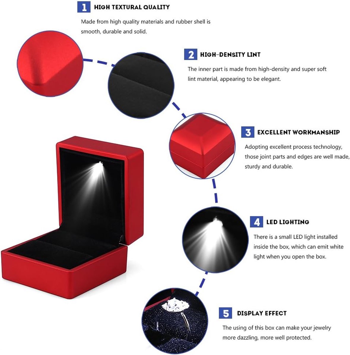 SnelShoppen - LED Ringdoos voor Trouwringen, Verlovingsringdoos met Wit Licht, Luxe Sieradenhouder, Elegant en Beschermend, Rood, Voor Trouwen en Verl