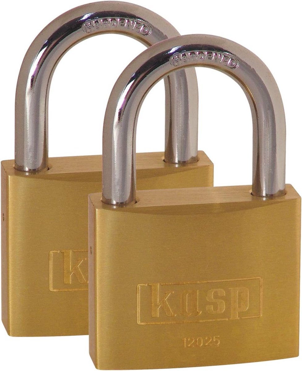 SnelShoppen - Kasp K12025D2 Messing Hangslot 25mm Twin Pack, Sleutels, Goud, Robuuste Beveiliging voor Tuin, Deur, Garage en Meer