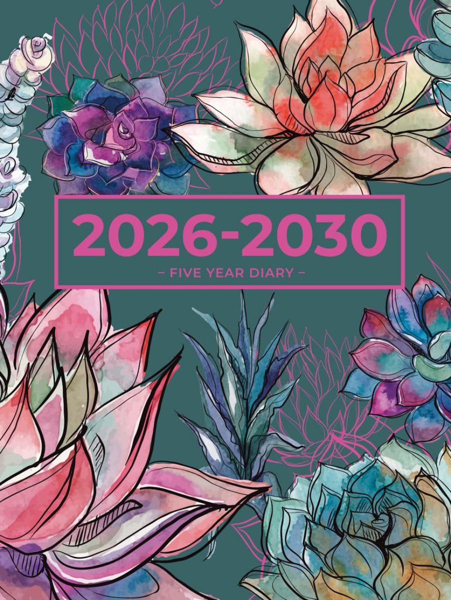 SnelShoppen - 5 Jaar Dagboek 2026-2030 A4 | Prachtige Levendige Succulententuin (Hardcover): Maandoverzicht Planner met UK Feestdagen, Maanfasen, Verj