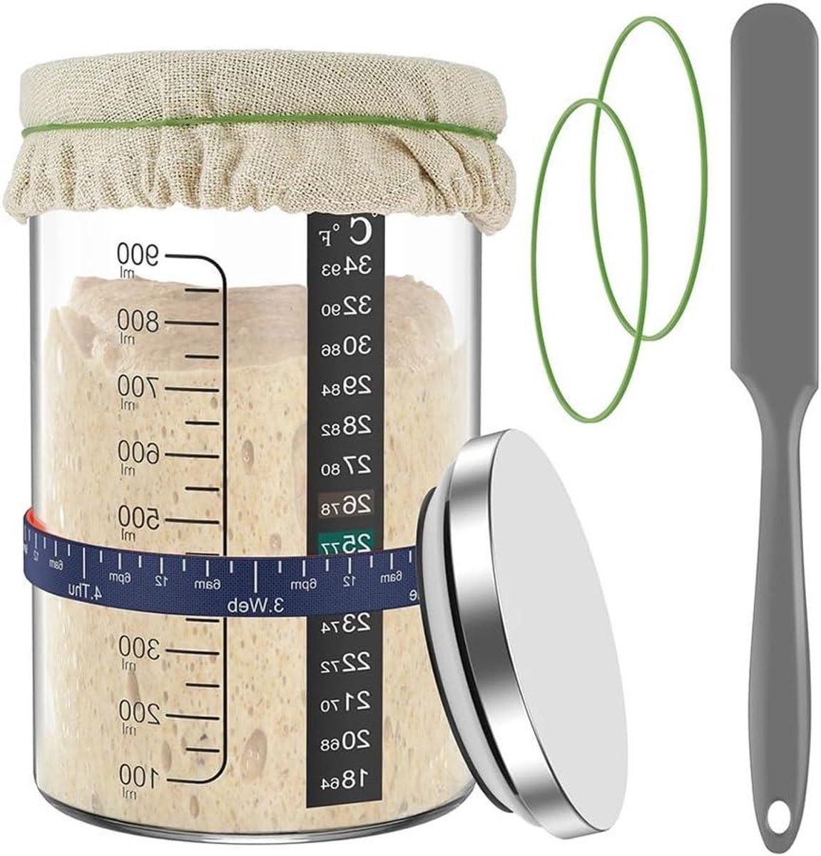 Zuurdesem Startset - Gist Pot - Brood Bakken - Met Datum Tracker - 900 Ml - Transparant