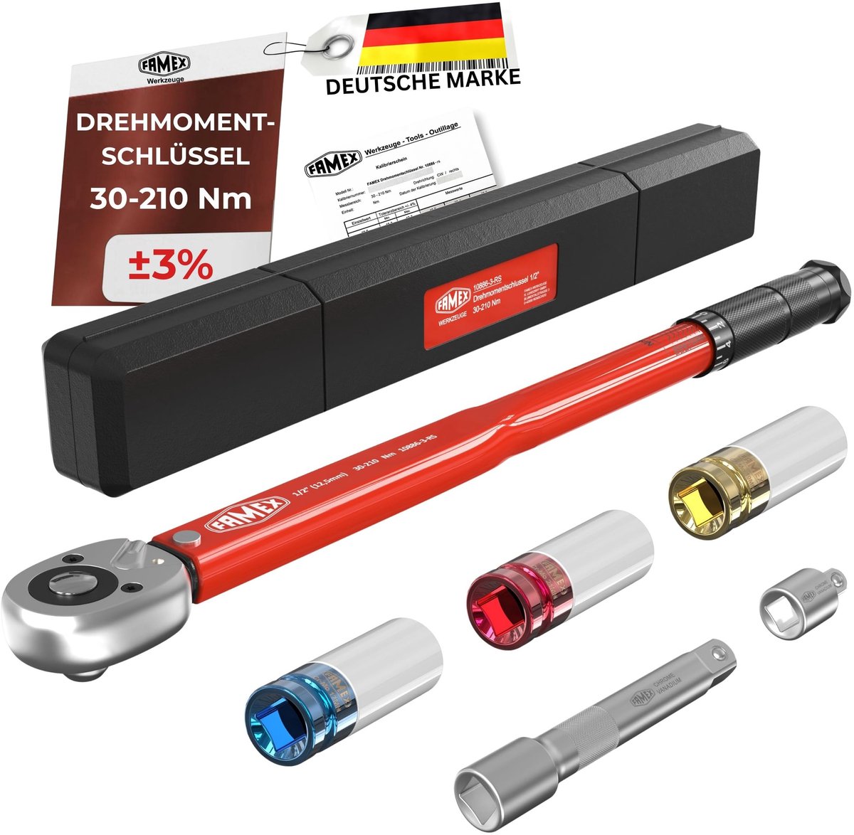 SnelShoppen - Momentsleutel 1/2 inch (12,5 mm) 30-210 Nm met kalibratiebewijs - Inclusief 3 dopsleutels en beschermingsstukken voor auto, motorfiets,