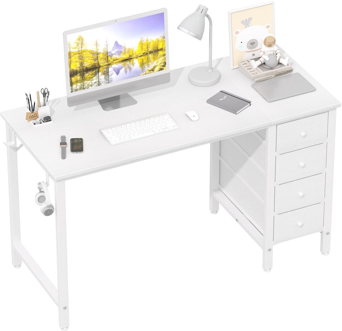 SnelShoppen - Computerbureau Wit met Stoffen Laden, 119,4 cm Omkeerbaar Schrijfbureau voor Thuis, Kantoor, Slaapkamer - Eenvoudige Moderne Computertaf