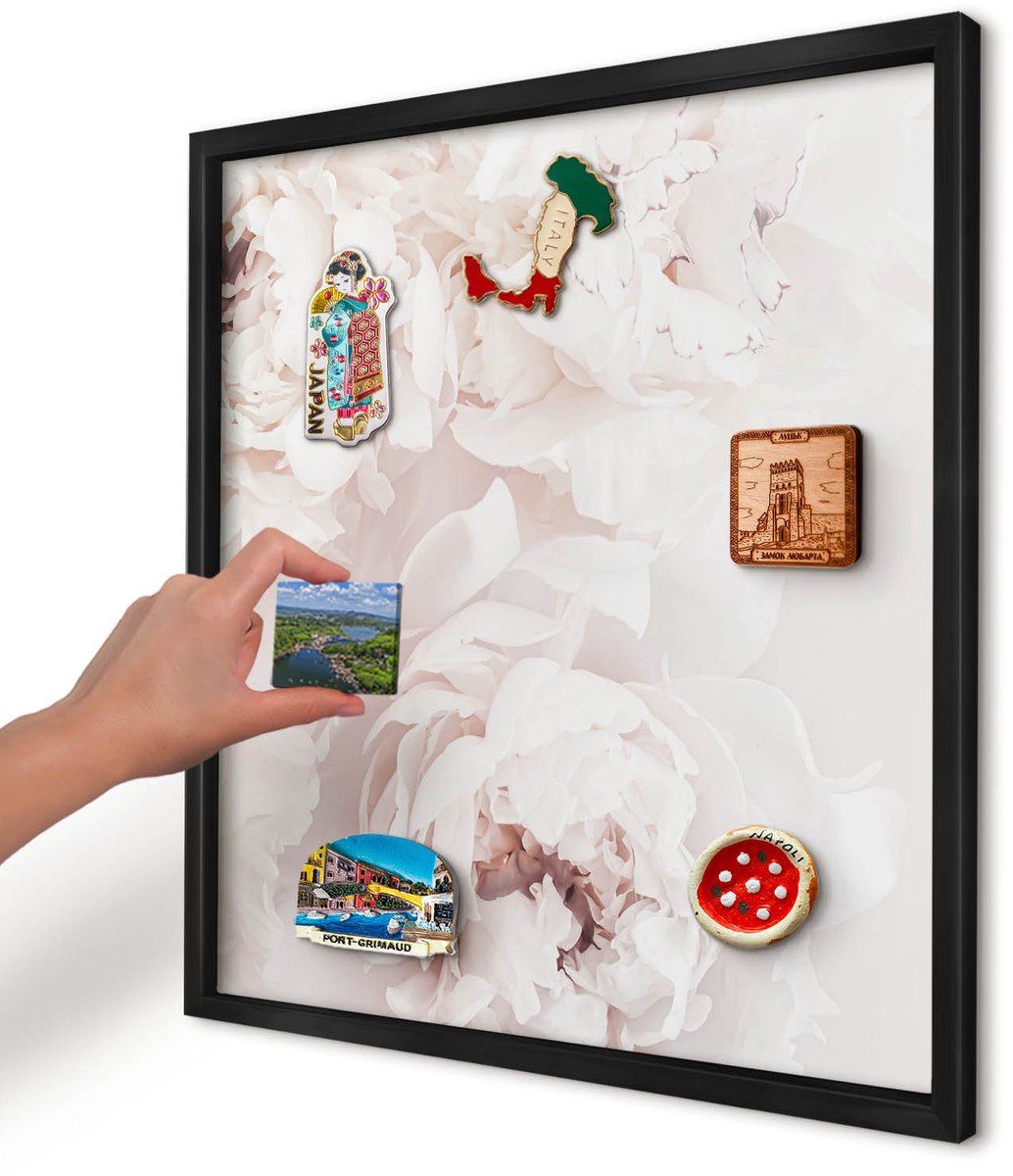 Artprintcave Wit Magneetbord mit Zwart Frame - 50x50 cm - Witte Pioenrozen Memobord Keuken - Minimalist Notitiebord - Bloemen En Planten