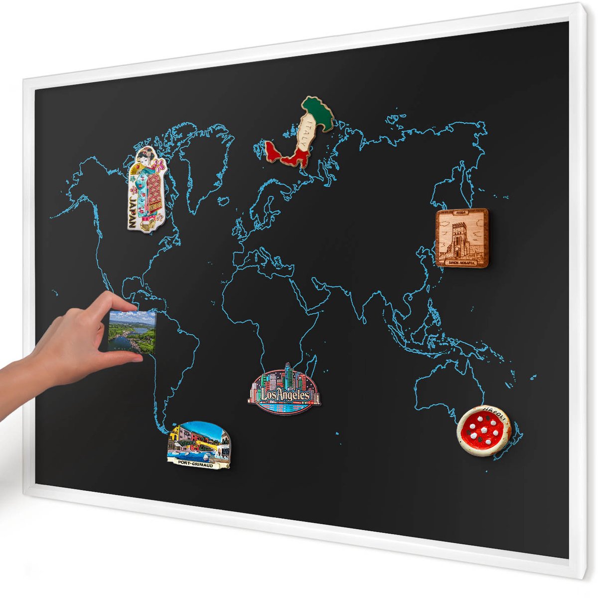 Artprintcave Zwart Magneetbord mit Witte Lijst - 100x70 cm - Wereldkaart Notitiebord - Minimalist Magnetisch Bord Voor Magneten - Kaarten