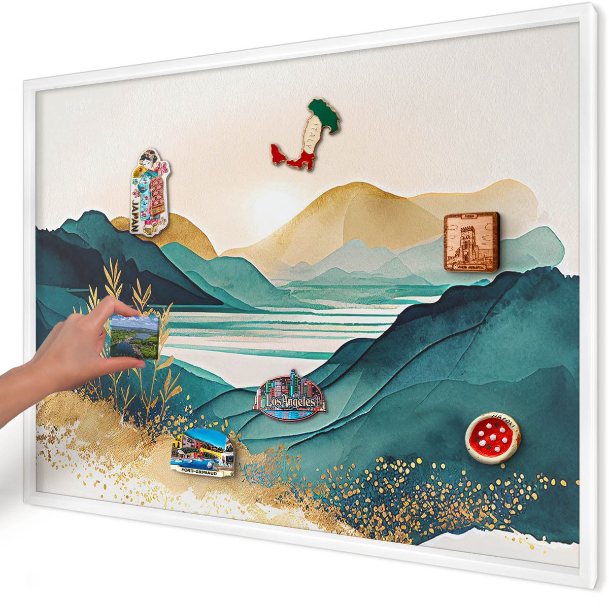 Artprintcave Turkoois Magneetbord mit Witte Lijst - 100x70 cm - Een Vredig Uitzicht Magnetische Organizer - Waterverf Notitiebord - Landschappen