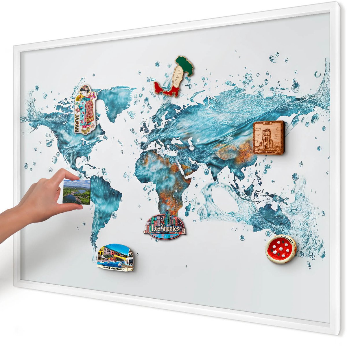 Artprintcave Turkoois Magneetbord mit Witte Lijst - 100x70 cm - Waterkaart Magneet Bord mit Frame - Abstract Magnetische Organizer - Kaarten