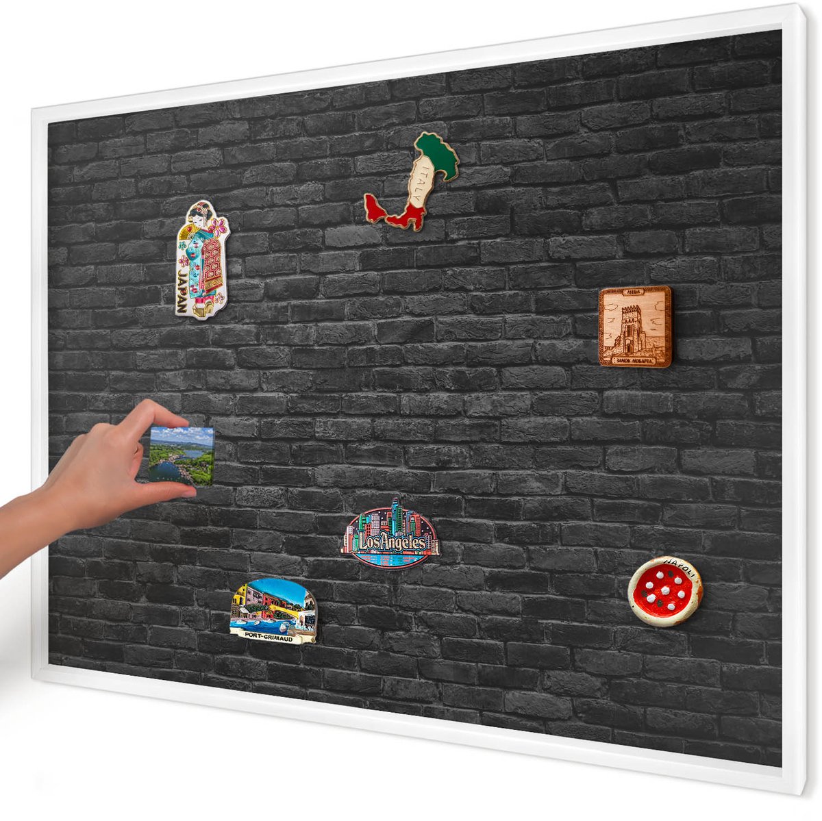 Artprintcave Zwart Magneetbord mit Witte Lijst - 100x70 cm - Bakstenen Muur Magnetische Organizer - Industrieel/Loft Magnetisch Bord - Texturen