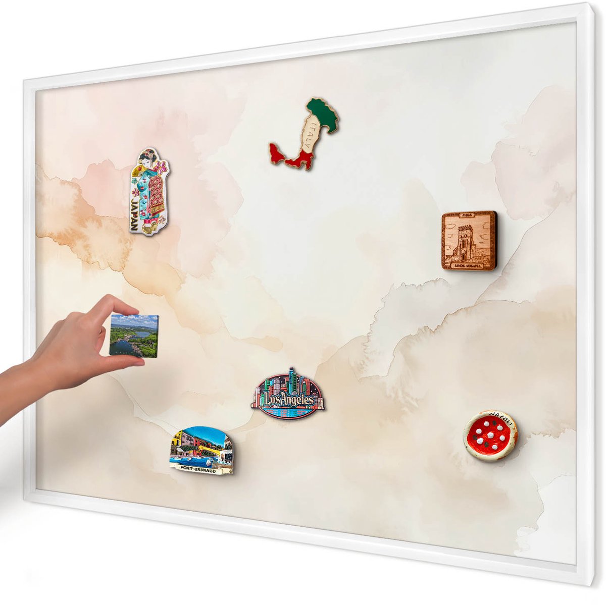 Artprintcave Beige Magneetbord mit Witte Lijst - 100x70 cm - Pastel Vrede Magneet Bord mit Frame - Waterverf Wandbord Magnetisch - Abstractie