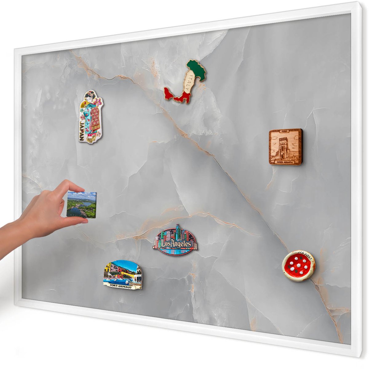 Artprintcave Grijs Magneetbord mit Witte Lijst - 100x70 cm - Grijze Aderen Magneetbord Voor Keuken - Minimalist Magnetisch Bord - Texturen