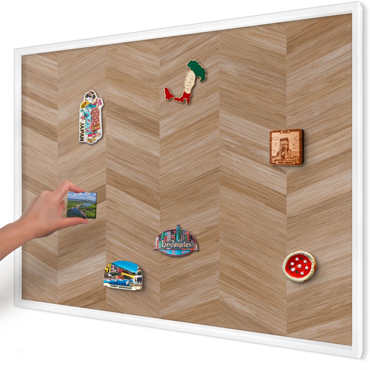 Artprintcave Bruin Magneetbord mit Witte Lijst - 100x70 cm - Houten Visgraatmotief Magneet Bord mit Frame - Rustiek Bord Voor Magneten - Texturen