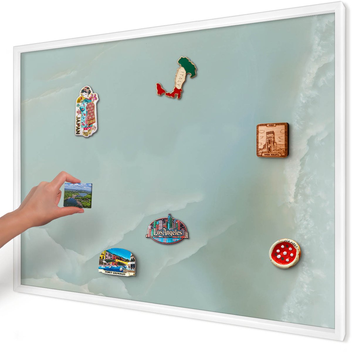 Artprintcave Turkoois Magneetbord mit Witte Lijst - 100x70 cm - Vreedzame Harmonie Magneet Bord mit Frame - Minimalist Magnetische Organizer - Achtergronden En Patronen