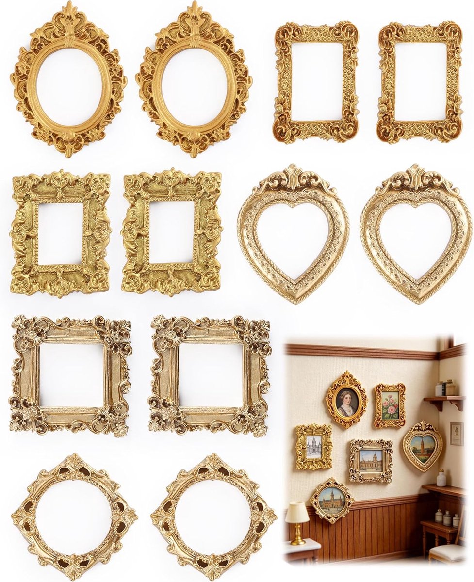 SnelShoppen - Mini Gouden Fotolijst Set - 12 Stuks Retro Barok Fotolijsten van Kunsthars - Kleine Antieke Fotolijstjes voor DIY Knutselen, Poppenhuis